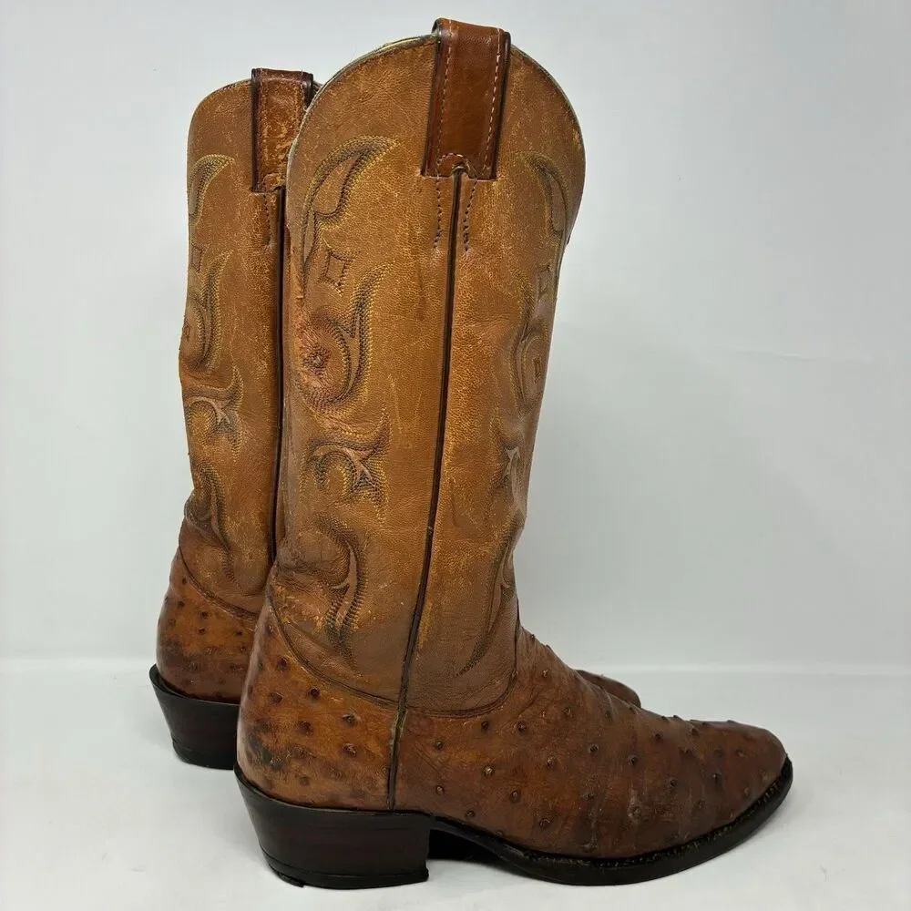 VGUC 8.5 D Justin Boots Full Quill Ostrich Cognac Tan Exotic Men's 8925 Vintage